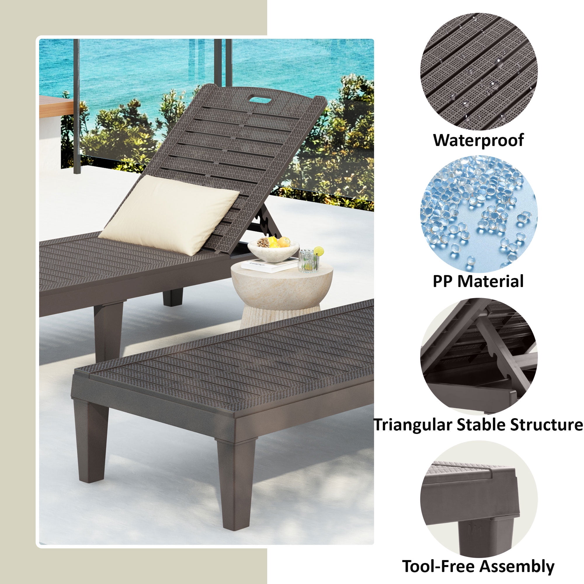 SEGMART Outdoor Lounge Chairs Set of 2, Adjustable Patio Chaise Lounges, Lounger Recliner for Poolside, Backyard, Porch, Quick Assembly, Easy Carrying, Waterproof, 440lb Capacity - Dark Brown