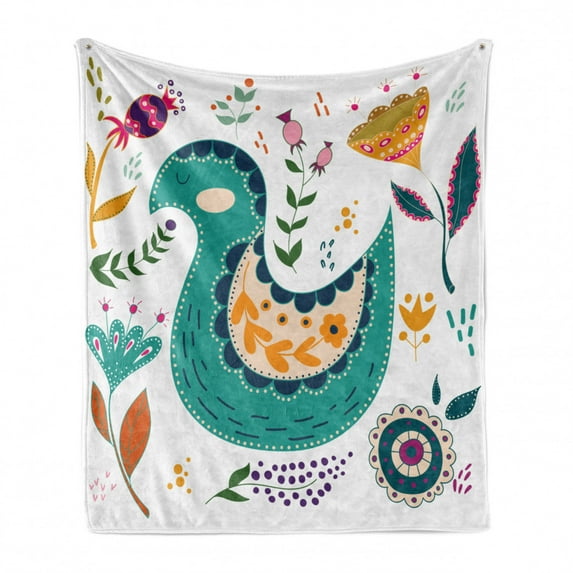 Botanical Soft Flannel Fleece Throw Blanket, Ornamental Floral with Poppy Butterflies Duck Blooms Doodle Style Artwork, Cozy Plush for Indoor and Outdoor Use, 60" x 80", Multicolor, by Ambesonne