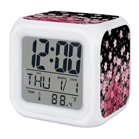 Pink Cherry Digital Alarm Clock for Bedrooms,Smart LED Alarm Clock with 7 Color Changing Night Light,Romantic Botanical Blossoms Flowers Floral Silent Wake Up Clocks for Sleep Study Cooking 3.2x3.2