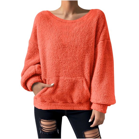 Women's Fuzzy Fleece Pullover Hoodies Sweatshirt Casual Loosehooded Sweatshirt, Soft Outwear, Cozy Winter Warm Coat, With Kangaroo Pockets