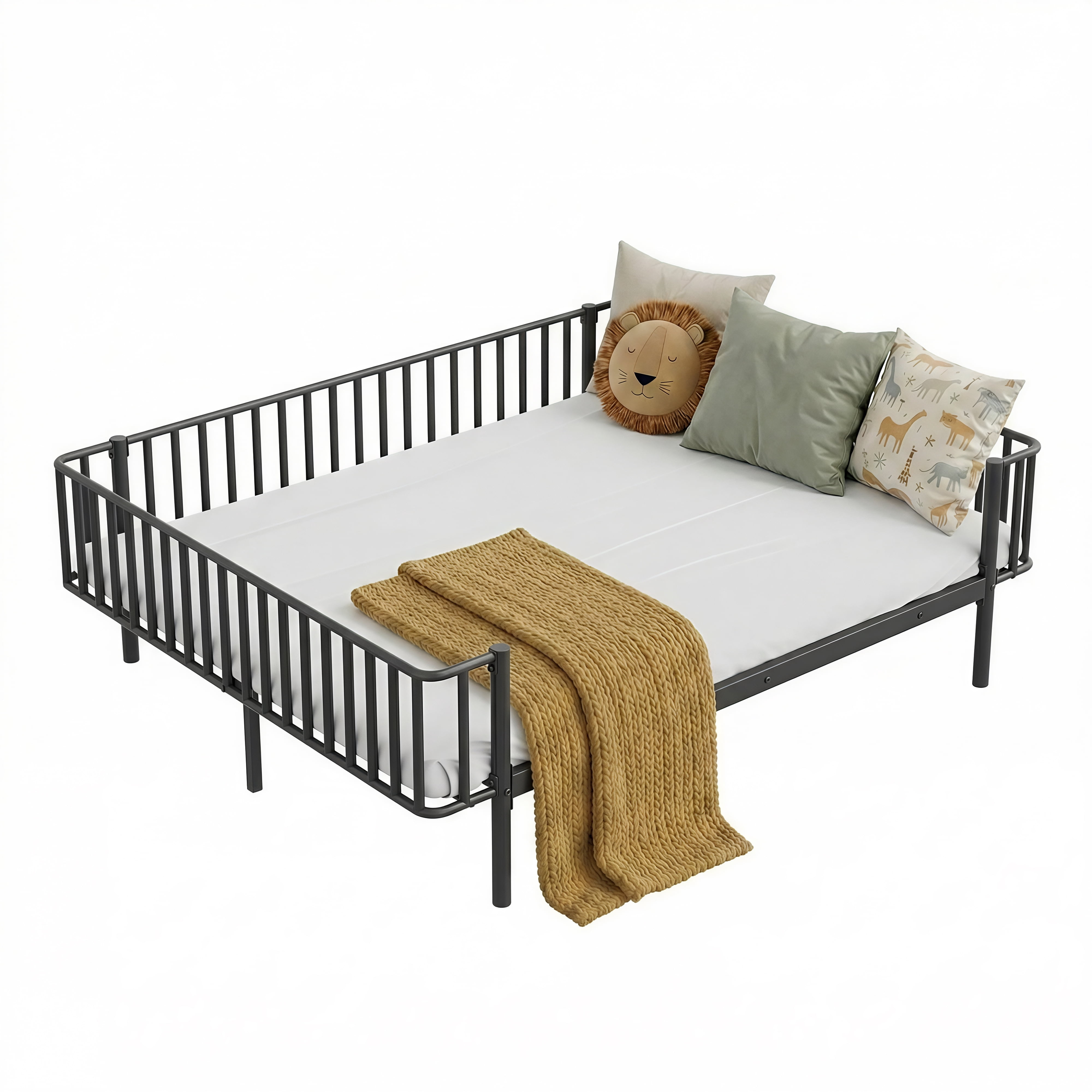 Euroco Metal Queen Size Daybed, Sturdy Metal Sofa Bed with Guardrails, No Box Spring Needed, Black