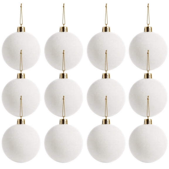 12 Pcs Flocked Christmas Ball Ornaments, 2.4 in / 6 cm White Velvet Christmas Tree Hanging Ornaments with Gold Caps and Matte Texture, Shatterproof Xmas Tree Decorations for Holiday Party Home Decor
