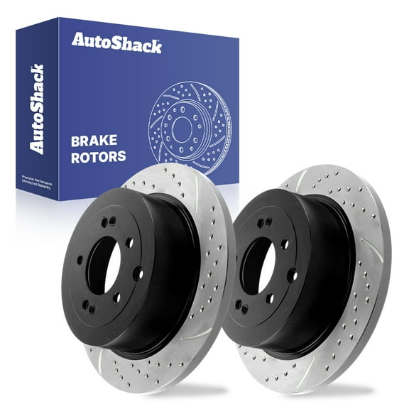 AutoShack Rear Solid Drilled & Slotted E-Coated Brake Rotors 2-PC Set Replacement for 2016-2021 Hyundai Tucson 2017-2022 Kia Sportage ShadowGuard 11.89" (302 mm)