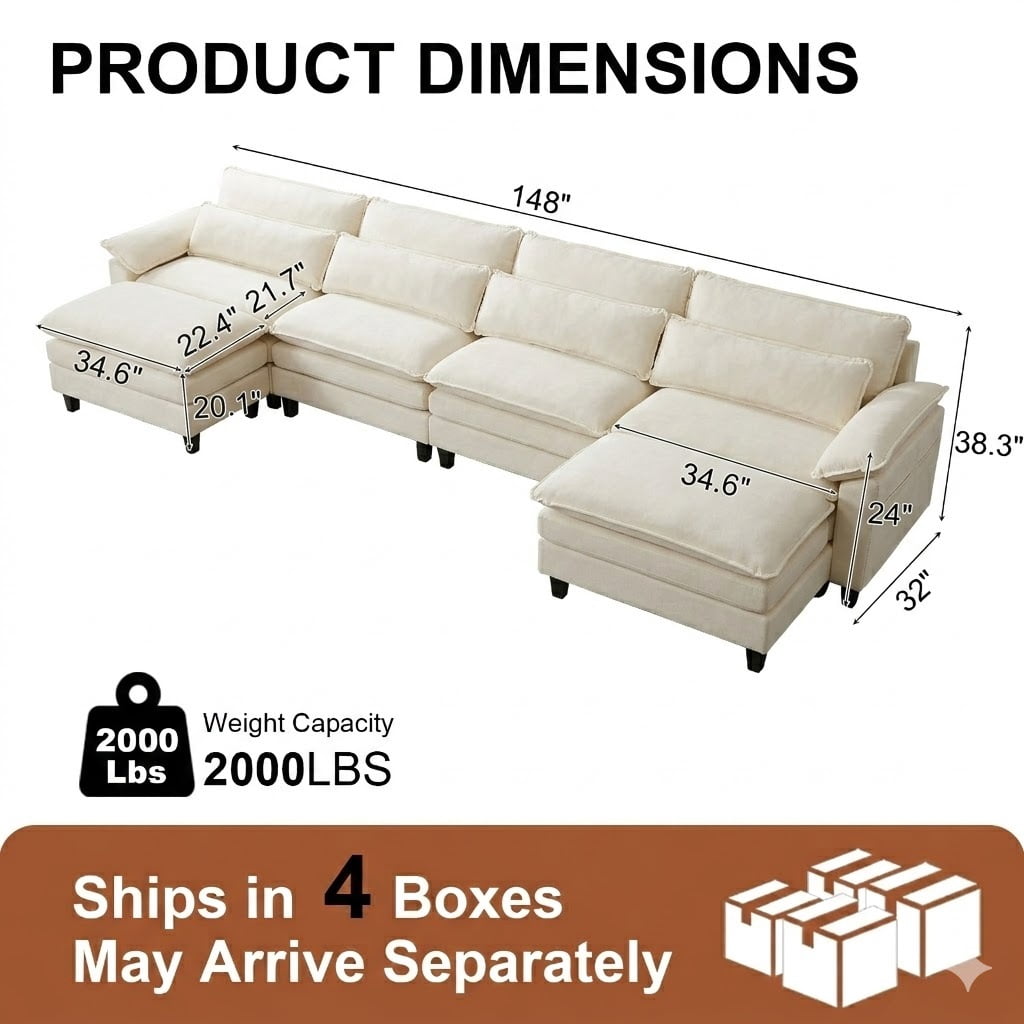 Howcool 148" Modular Sectional Sofa , 4 Seater U-Shaped Cloud Couch with Movable Ottoman, USB Charging Ports & Side Pockets, Sectional couchs for Living Room,Chenille Fabric,Beige(Thick Sponge)
