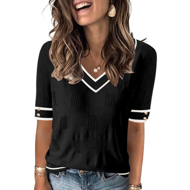 Blusa de primavera de manga corta con cuello en V y suéter AKEWEI para mujer