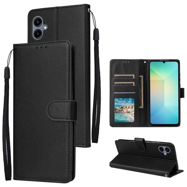 Étui de Protection à Rabat pour Samsung Galaxy A06 avec Fentes pour Cartes, Support et Dragonne Noir