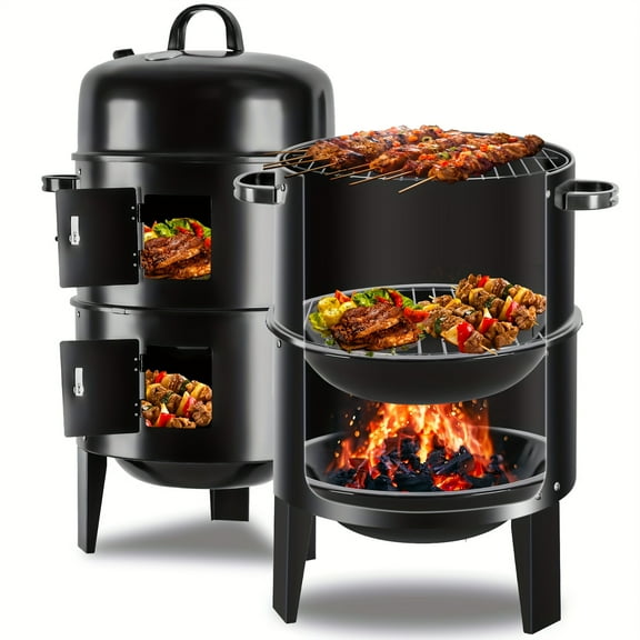 16-inch 3-Tier Vertical Charcoal Smoker Grill, Portable Zinc Alloy BBQ Grill with Temp Control, Griddle Top, Handles & Tools for Camping Backyard Outdoor Cooking