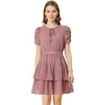 thumbnail image 1 of INSPIRE CHIC Women's Tie Neck Ruched Sleeve Elastic Waist A-Line Double Layers Ruffle Hem Short Dress, 1 of 6