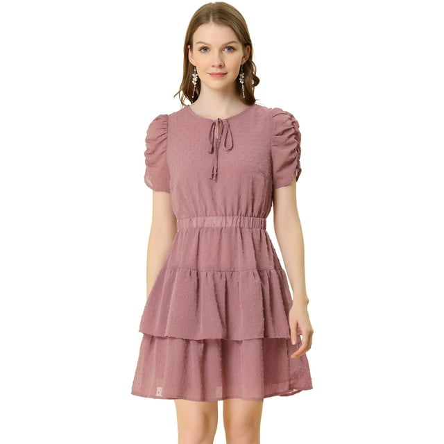 INSPIRE CHIC Women's Tie Neck Ruched Sleeve Elastic Waist A-Line Double Layers Ruffle Hem Short Dress