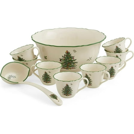 Spode Christmas Tree 10 Piece Punch Bowl Set- Made of Fine Porcelain Includes - 1 Punch Bowl - 1 Ladle - 8 Punch Cups - Punch Bowl is 11-Inch - Punch Cups are 8 oz.