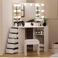 thumbnail image 2 of M optimized Vanity Desk with Mirror and Lights, Corner Makeup Vanity Desk, Large Dressing Tables with Charging, 5 Drawers, Shelves and Vanity Stool, 2 of 6