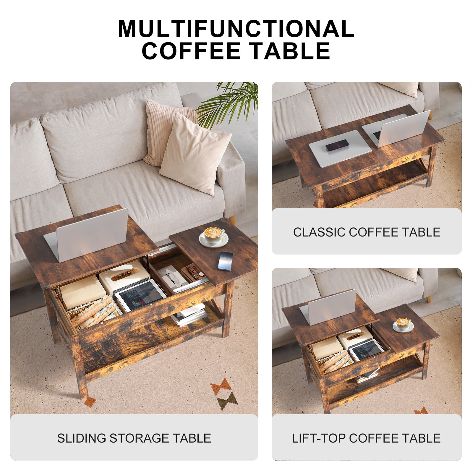 Nalone Coffee Table Lift Top Dining Table with Shelf, Center Table Adjustable Height Tea Tables Wooden Center Tables with Hidden Compartments for Living Room Apartments(Rustic Brown)