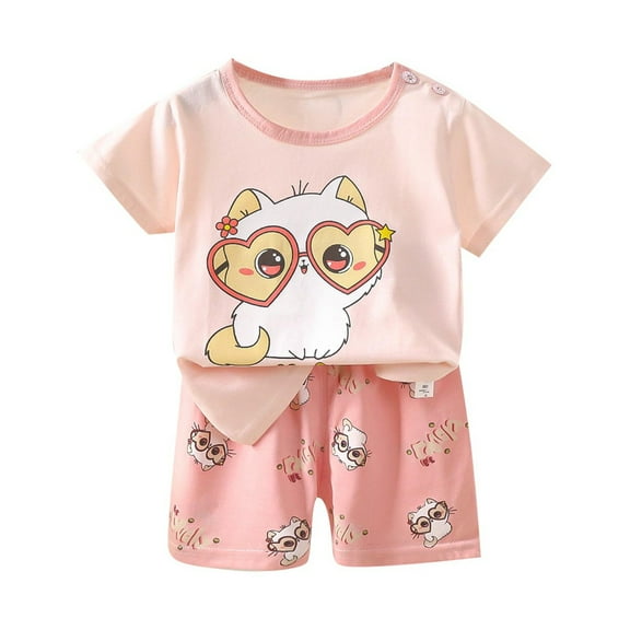 Kids' Pajamas Kids Toddler Girls Summer Cartoon Bear Rabbit Lion Prints Cotton Breathable Casual Pajamas Set Baby Girl Pajamas Light Pink 6 Months-9 Months