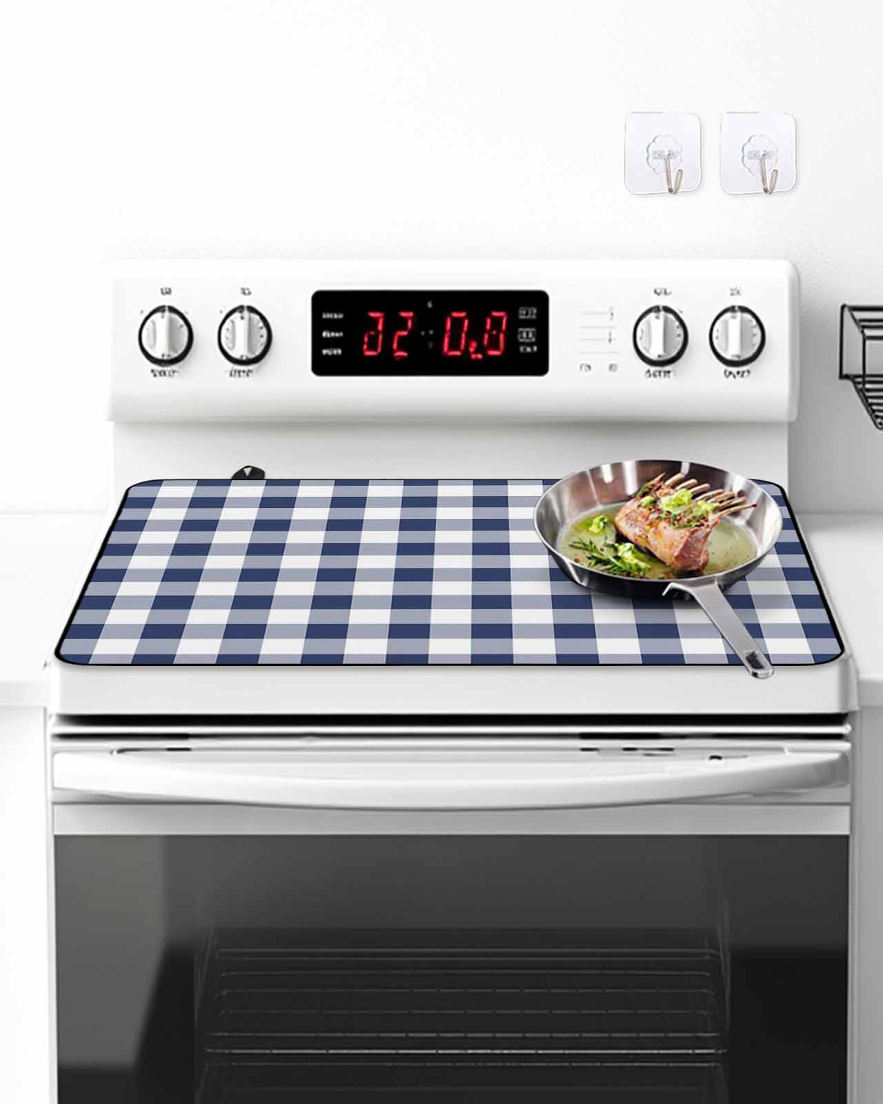 Stove Top Covers for Electric Stove, Navy Blue White Plaid Glass Stovetop Cover Protector, Farmhouse Checkered Buffalo Induction Cooktop Protector Oven Mat for Kitchen Countertop 24"x21"