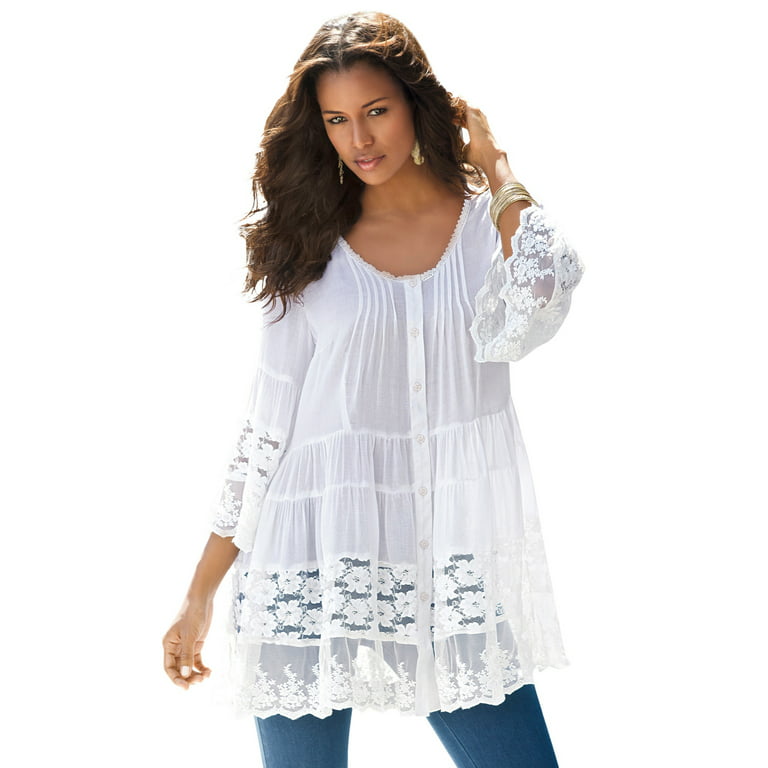 Roaman's Women's Plus Size Lace Big Shirt Long Shirt Blouse - Walmart.com