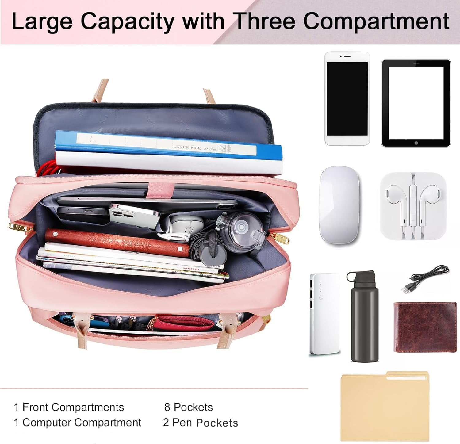 Matein Laptop Computer Bag for Women, 15.6in Waterproof Messenger Bag with Adjustable Shoulder Strap for Work Travel College, Pink