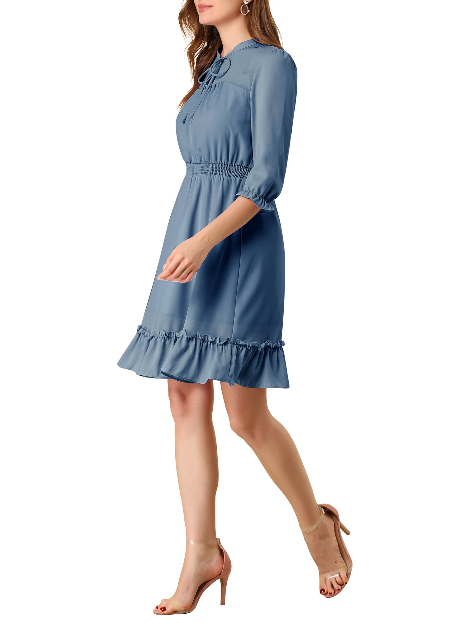 DARING DIVA Tie V Neck Chiffon 3/4 Sleeve Smocked Mini A-Line Dress M Blue Grey
