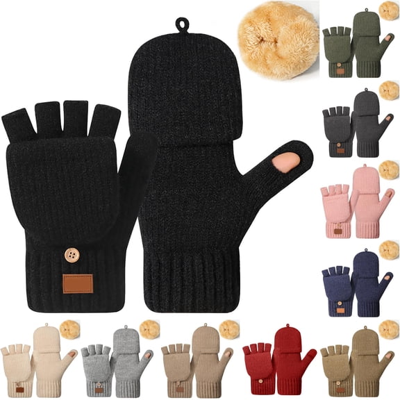 Ticikt Unisex Convertible Knit Gloves, Thick Fleece‑Lined Cold‑Weather Half Finger Writing Flip Top Winter Gloves,Black
