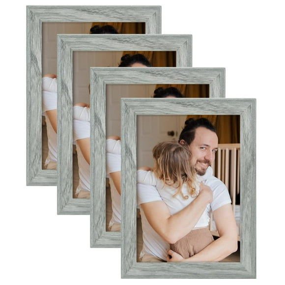 Adeco 6 x 8 Decorative Farmhouse Collage Wooden Picture Frame 4 Packs for Wall Hanging or Tabletop Display, with Wood-grain Design, Set of 4 Photo Frame Set, Vintage Grey