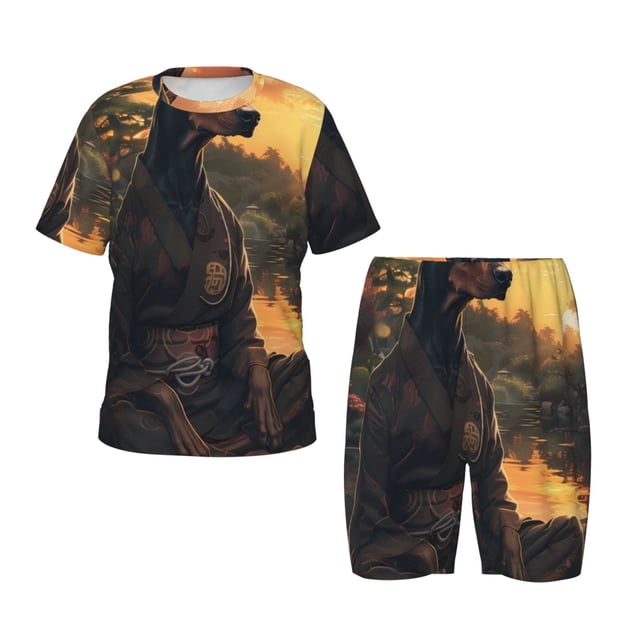 Balery Sunset Meditating Doberman Conjunto de Pijama Infantil de Manga Corta con Estampado – Ropa de Dormir de Algodón Suave-XX-Large