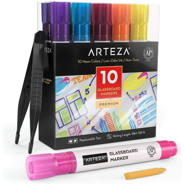 Arteza Washable Glass Board Markers Set, Assorted Neon Colors, Non