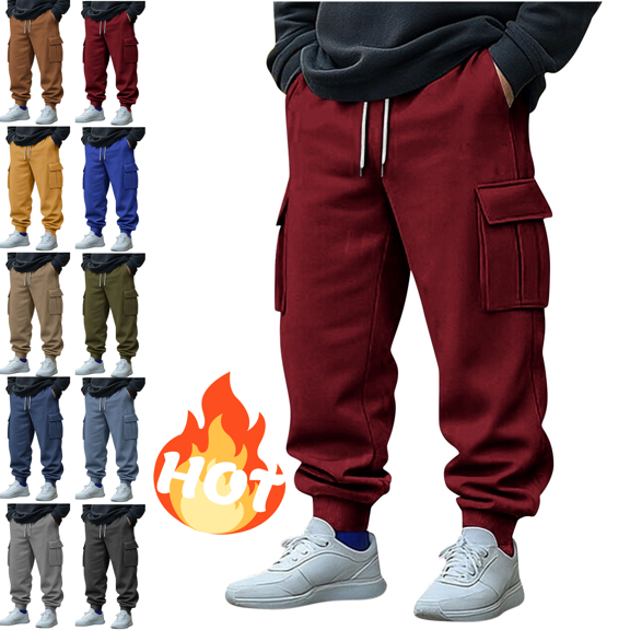 Mifsaly Cargo Joggers Men with 4 Pockets Drawstring Straight Leg Sweatpants Cozy Casual Baggy Pants Soild Color Going Out Long Trousers Fashion Streetwear Wine XL