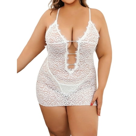 LilyLLL Womens Plus Size Lingerie Chemise Deep V Neck Leopard Lace Sleepwear Nightdress