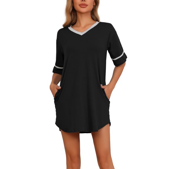 INSPIRE CHIC Women's Cotton Sleepwear Soft Comfy Sleepshirts Night Shirts Sleep Dress with Pockets M Black