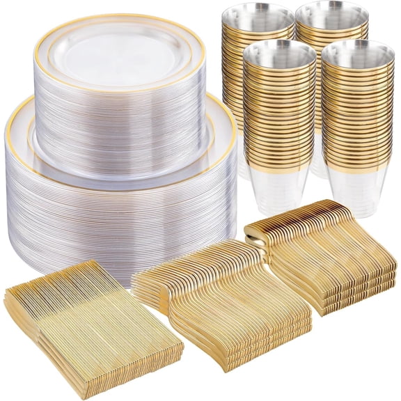 600pc Gold Trim Plastic Dinnerware Set for Party: 100 Dinner Plates, 100 Dessert Plates, 300 Cutlery, 100 cups
