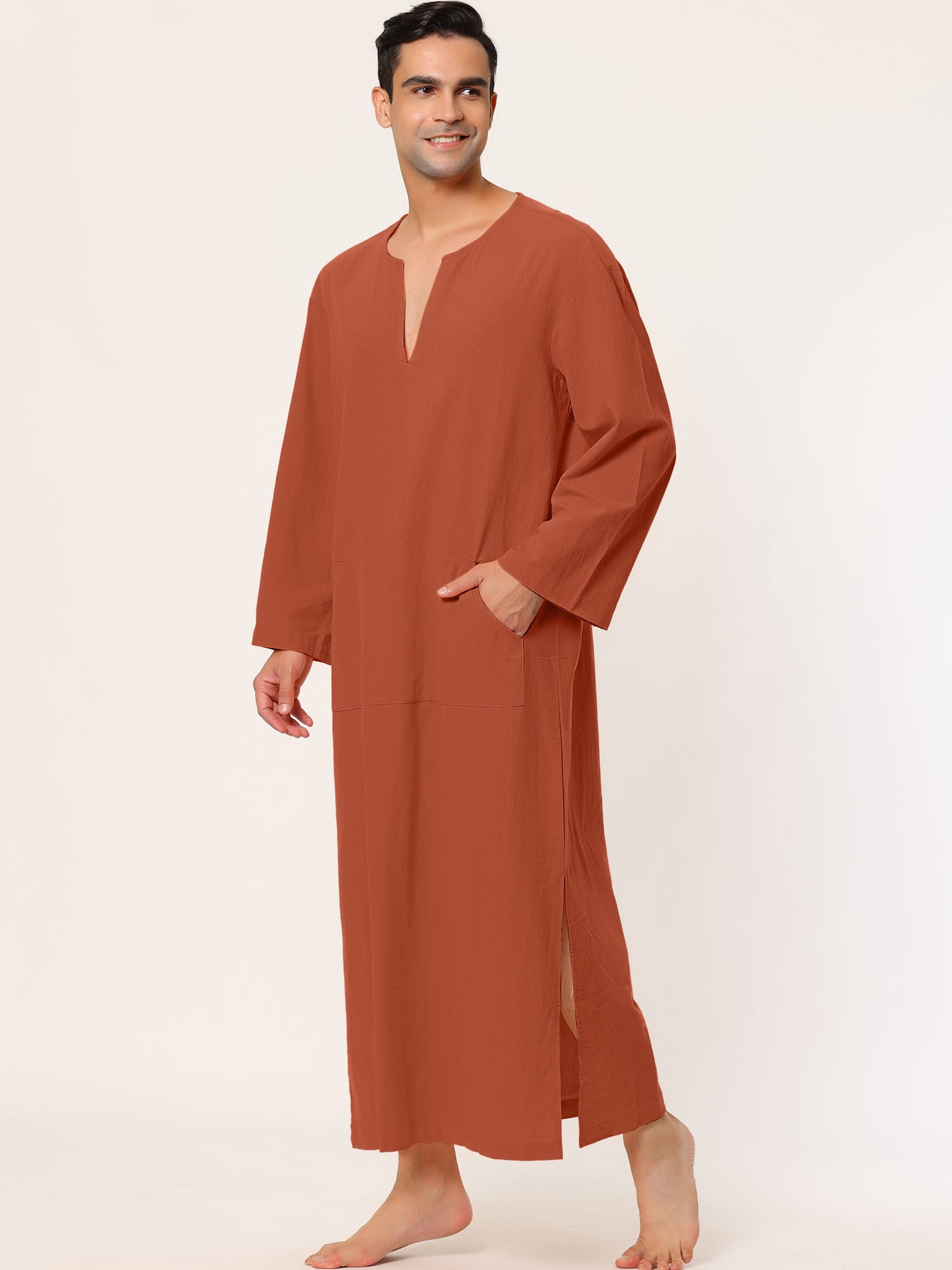 Unique Bargains Men's Pajamas Cotton Sleepwear V-Neck Side Split Long Nightgown XL Brick Red