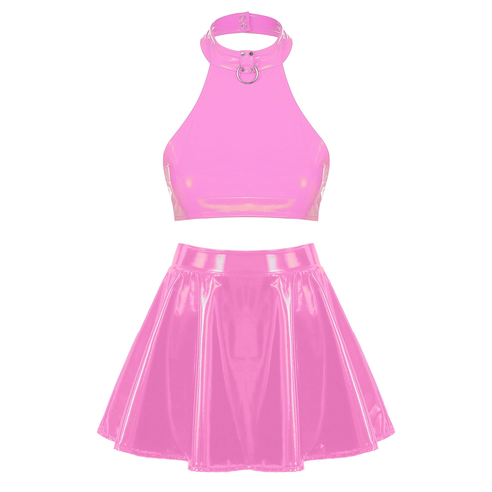 YONGHS Women's Shiny Metallic Halter Neck Crop Top Mini Skirt