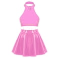 thumbnail image 3 of YONGHS Women's Shiny Metallic Halter Neck Crop Top + Mini Skirt Two Piece Rave Outfits Set Hot Pink L, 3 of 7
