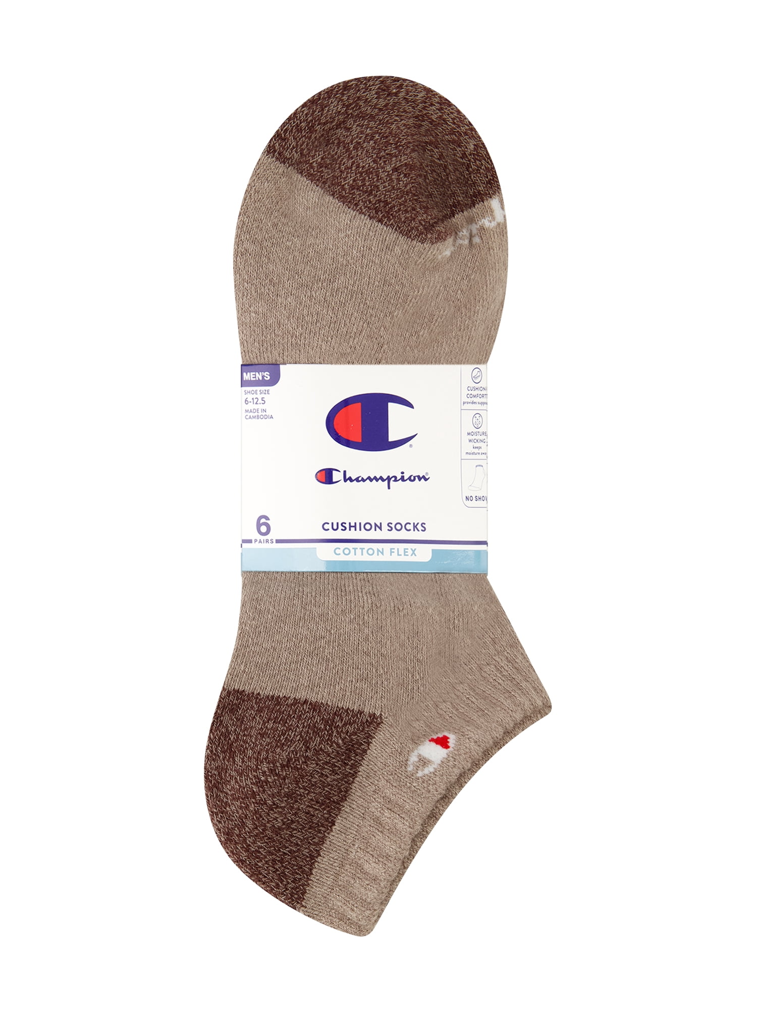 Champion Men’s No Show Socks 6 Pack – Half Terry Cushion, Moisture-Wicking, Arch Support, Stretch Comfort, Sizes 6–12.5
