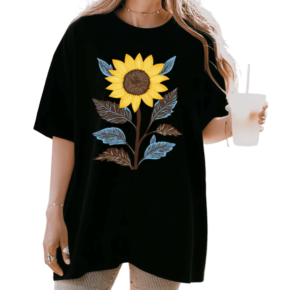 Women's funny Stylized Sunflower With Blue And Brown Leaves Floral Graphic Comfortable T Shirt Short Sleeve Round Neck Top Black S-5XL