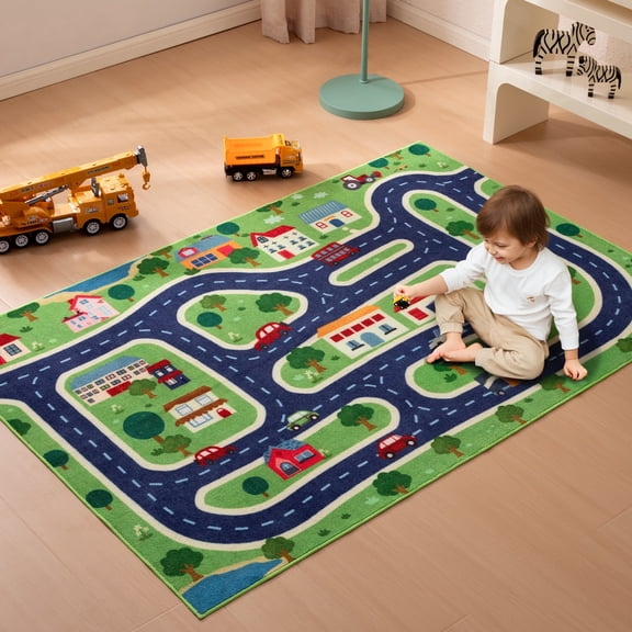 Sonive City Car Kids Playmat Area Rug 4ft x 6ft, Washable Nursery for Kids Bedroom Playroom
