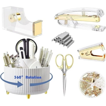 Desk Organizers and Accessories, 7 Pcs Set with 360-Degree Rotating Pen Holder, Stapler, Tape Holder, Staple Remover, Binder/Paper Clips Kit, Scissor and 1 Box of Staples