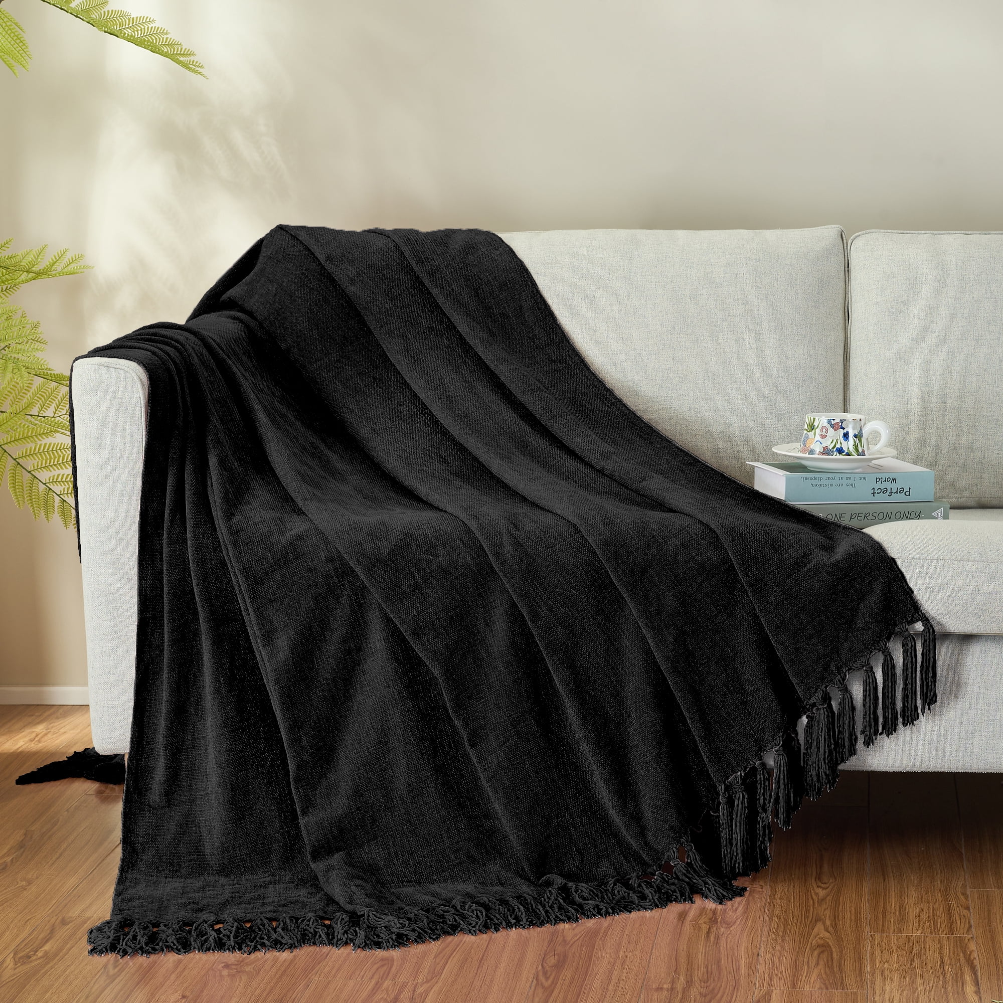 LONG CREATE Chenille Throw Blanket with Fringe Tassel for Couch Sofa Chair Bed, Black 50" x 70"