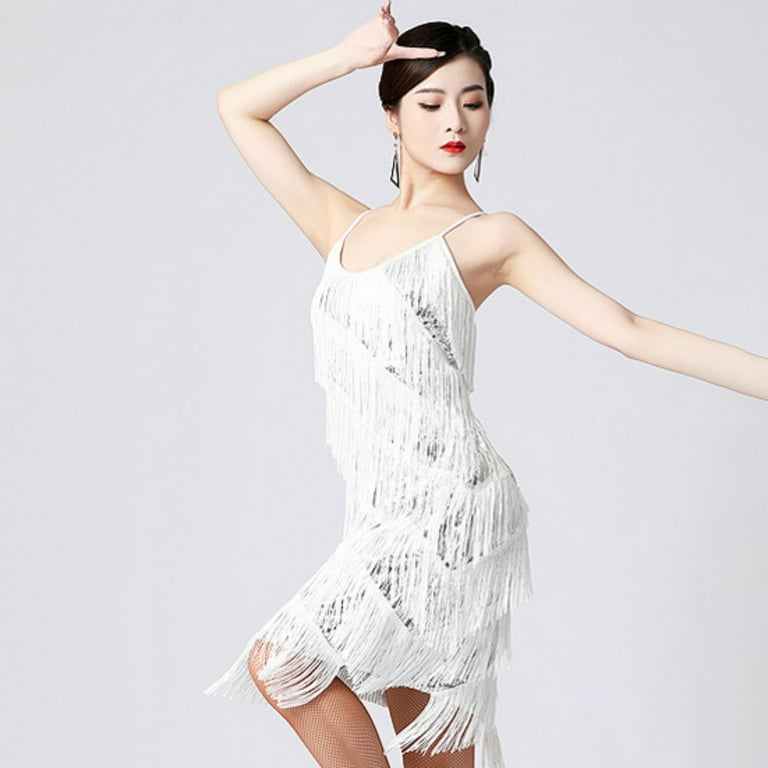 Plus Size Women's Sequin Fringe Dress Tassel Suspender Latin Dance Sexy  Cocktail Party Ballroom Dancewear (S-3XL) White 2XL - Walmart.com