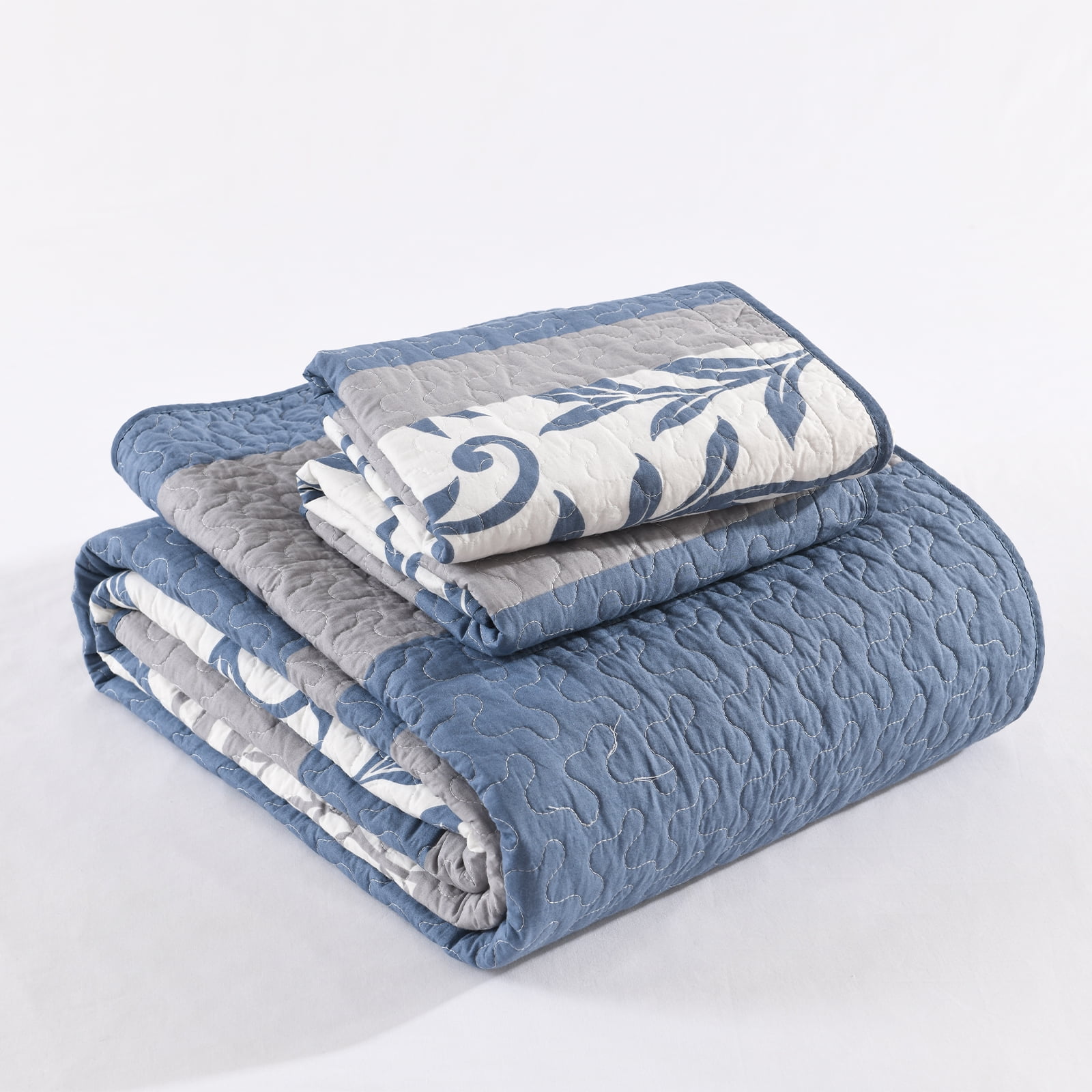 PANGUSHAN 100% Cotton King Quilt Set, Floral Striped Patterns King Size Quilt Bedding Set Bedspreads, Reversible Quilted Lightweight Comforter, Blue/Gray/White Bed Spread for King Bed, 3pcs