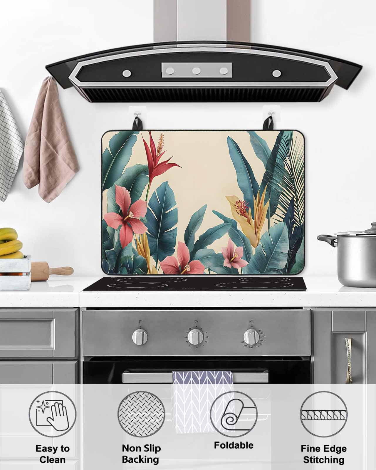 nqOlkjepod Large Induction Cooktop Protector Mat 36"x21", Tropical Plant Stove Top Covers for Electric Stove, Summer Botanical Palm Leaves Floral Stove Burner Cover Mats, Glass Top Stove Cover