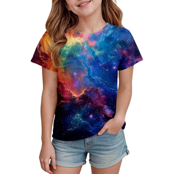 lnmuld Girls Summer Tops Celestial Star Print Short Sleeve T-Shirt Casual Round Neck Tee for Everyday Play And School Size:8-9 Years