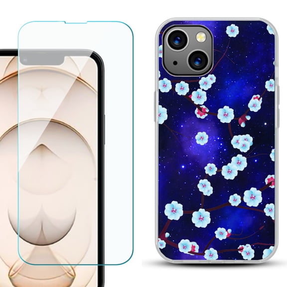 Slim-Fit Flexible TPU Gel Phone Case for iPhone 13, with Tempered Glass Screen Protector, by OneToughShield ® - Blossom Stars