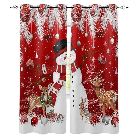 Hokiten Red Christmas Blackout Curtains | Light Blocking Print Window Curtains, Snowman Elk Balls Snowflake Xmas Thermal Insulated Window Drapes for Living Room Kitchen Cafe (2 Panels, 55"W x 39"L)