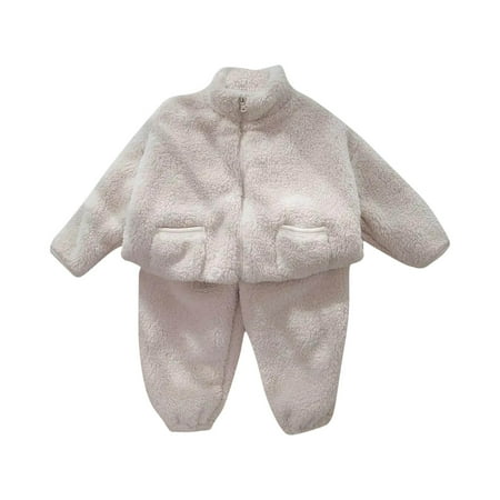 

FAIWAD Boy Girl Thicken Warm Sets Zipper Fleece Coats Elastic Waist Pants Fall Winter Comfy Plush Outfits