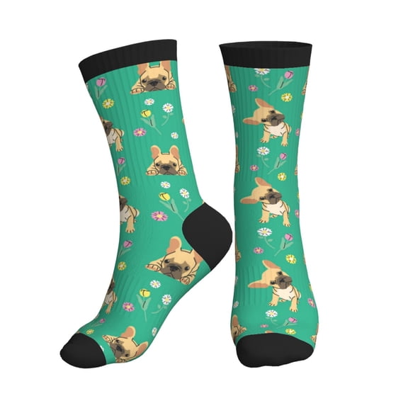 Crew Socks for Women Men Athletic - Bulldog Puppy Flower Soft Comfort Breathable Mid-Calf Sole Running Socks Womens Men