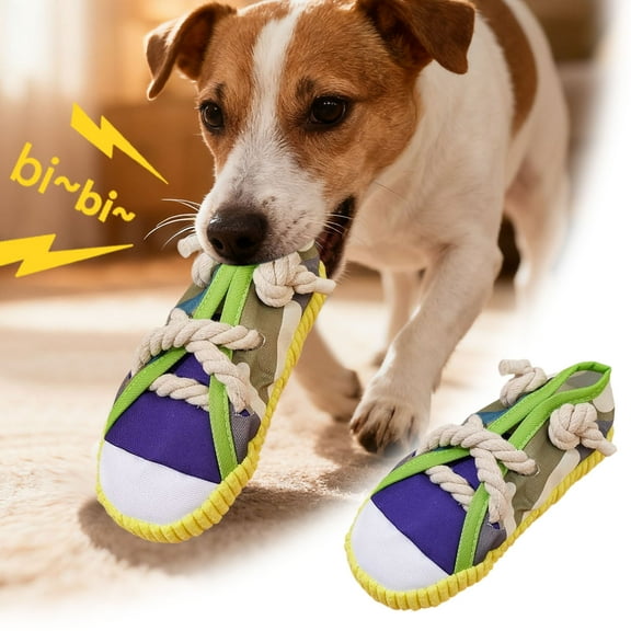 YaoZQ Squeaky Shoe Dog Toy, Canvas Sneaker with Cotton Rope Knots, Puppy Teething Dental Chew for Small Dogs, 7.1 in, Purple
