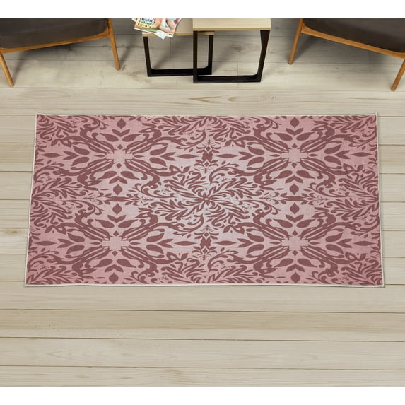 Oriental Decorative Rug, Mandala Inspired Curly Flowers and Leaves Details Frame Illustration, Quality Carpet for Bedroom Dorm and Living Room, 6 Sizes, Pale Pink, by Ambesonne