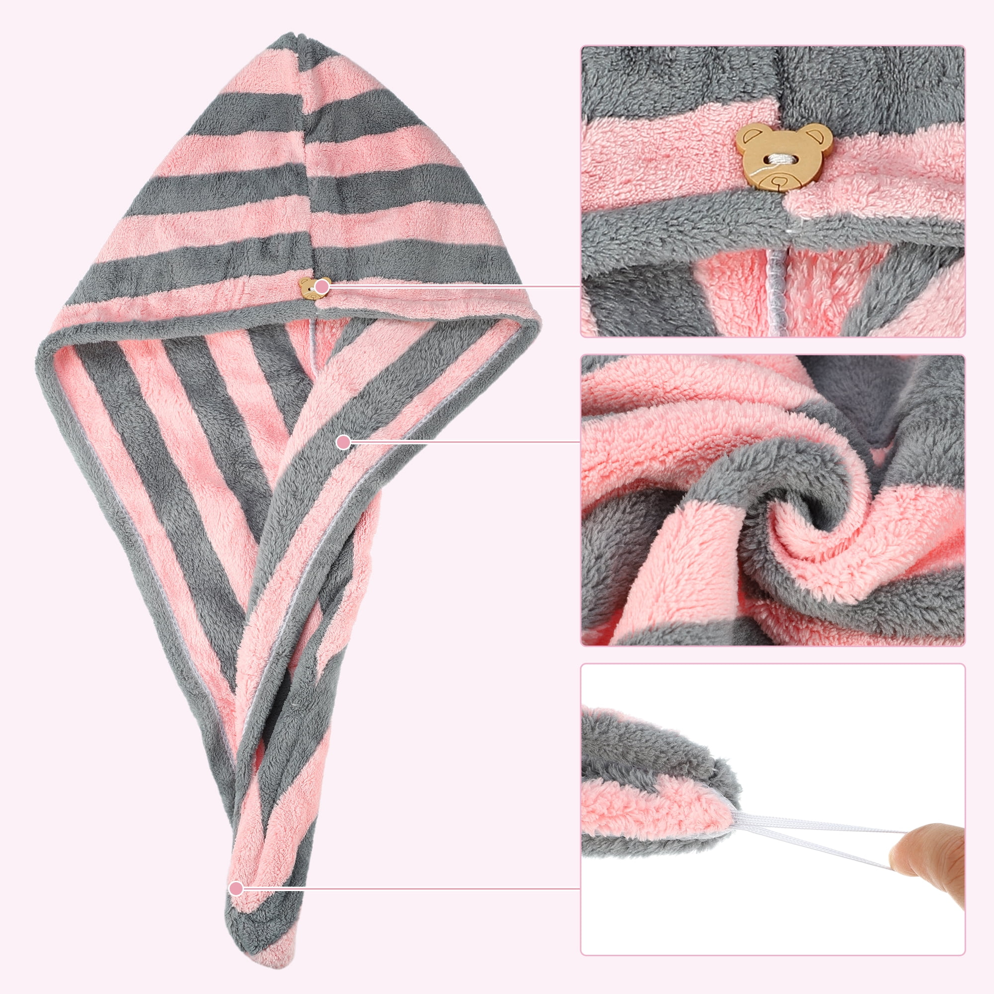 Unique Bargains 3 Pcs Lightweight Strong Absorbent Hair Drying Towel Pink White Gray