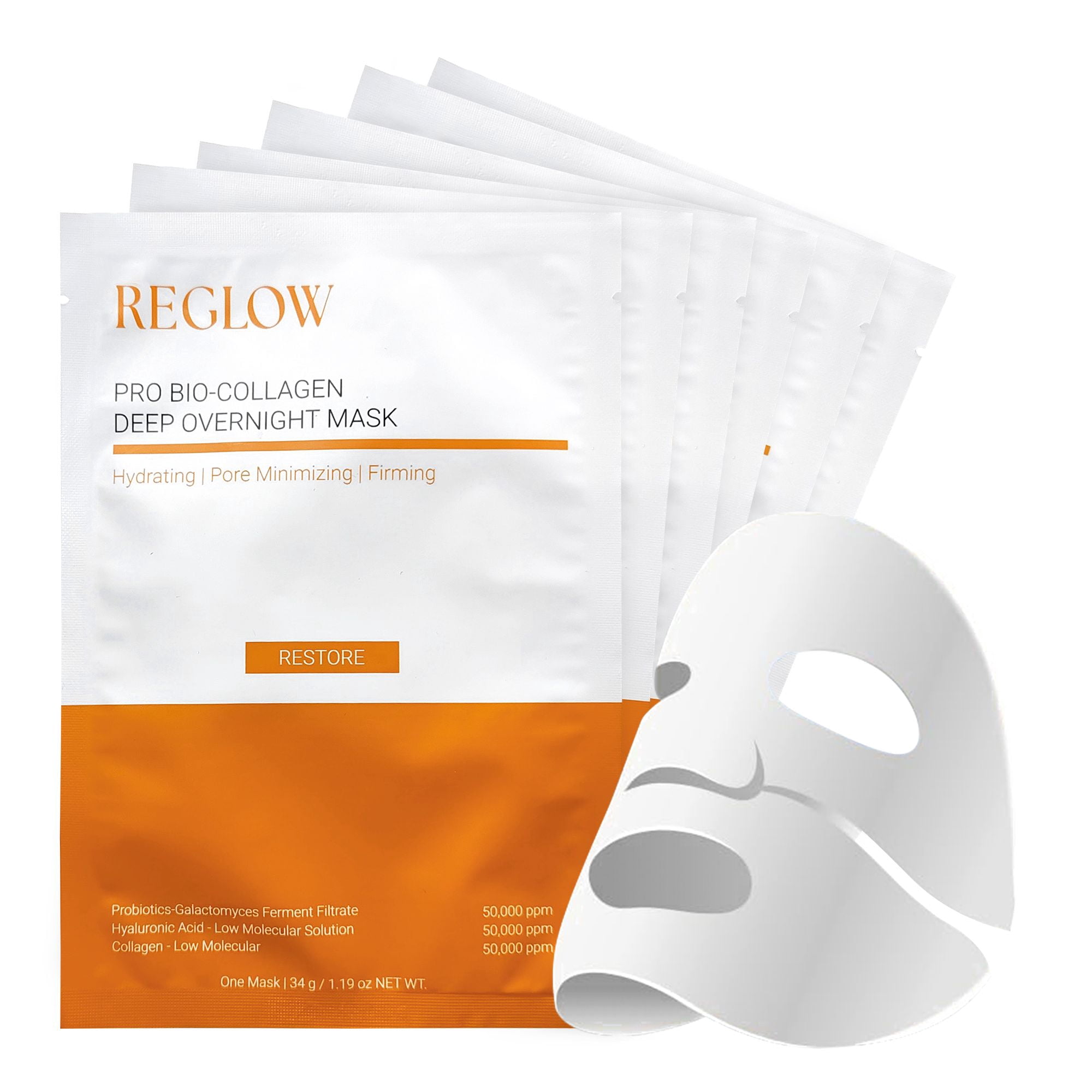 ReGlow Hydrating Overnight Hydrogel Face Mask with Collagen & Niacinamide, Sheet Mask Skincare, 34 g Each, 6 Pack