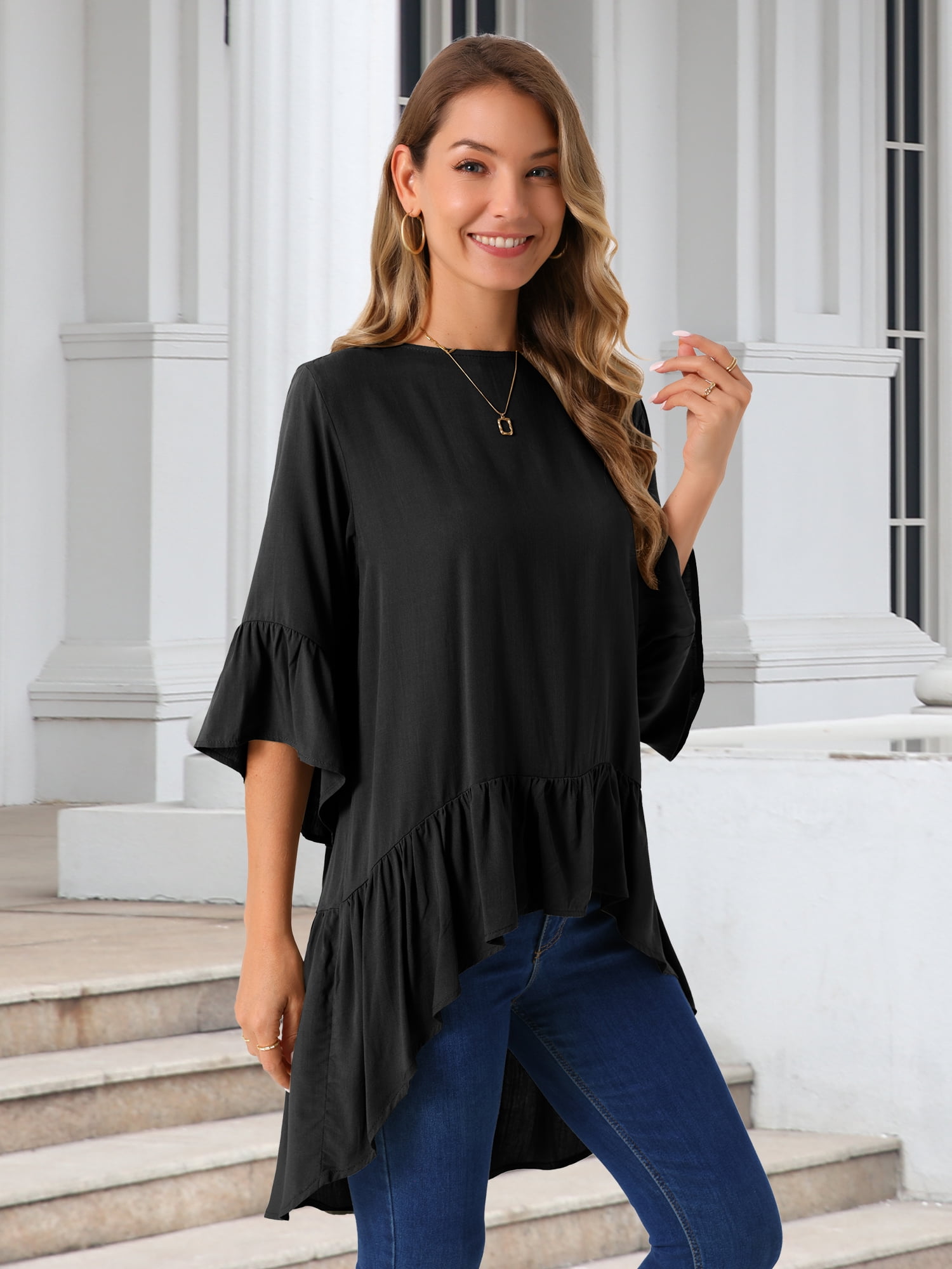DARING DIVA Women's High Low Tops Bell Sleeve Crewneck Ruffle Blouse M Black